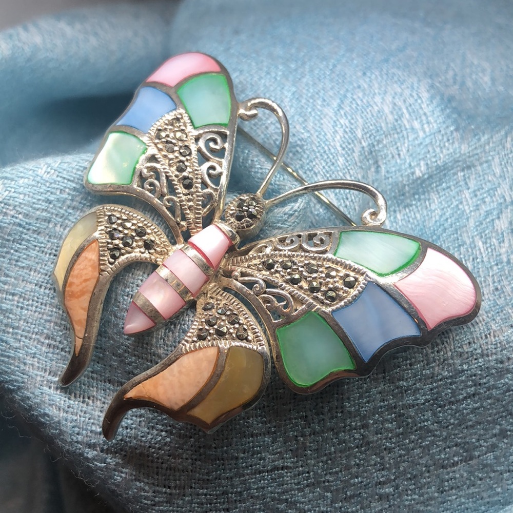 Sterling Silver, Marcasite, & Mother of Pearl Butterfly Pin/Pendant